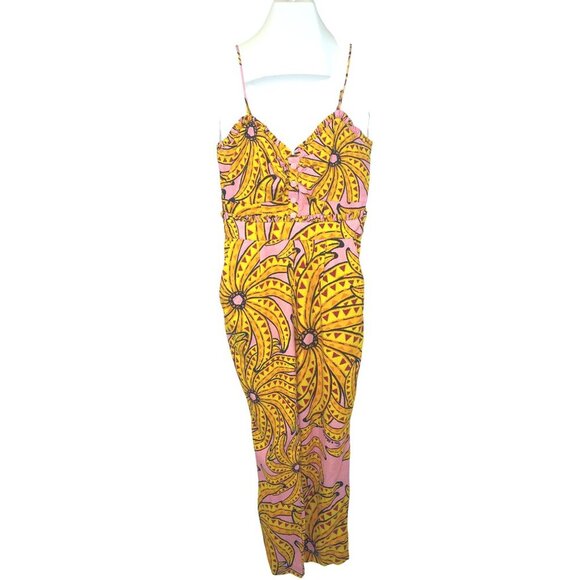 Farm Rio Jumpsuit Banana Print Linen Blend Halter Ladies Size XS Smocked Crop - Picture 3 of 15